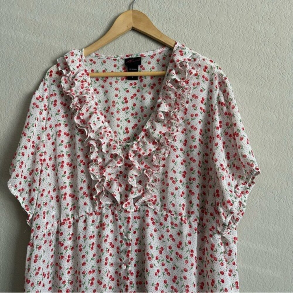 Rare Vintage Torrid Cherry Print Dress - Ruffled Puff Sleeves, Elastic Waist, 4X - Picture 4 of 7